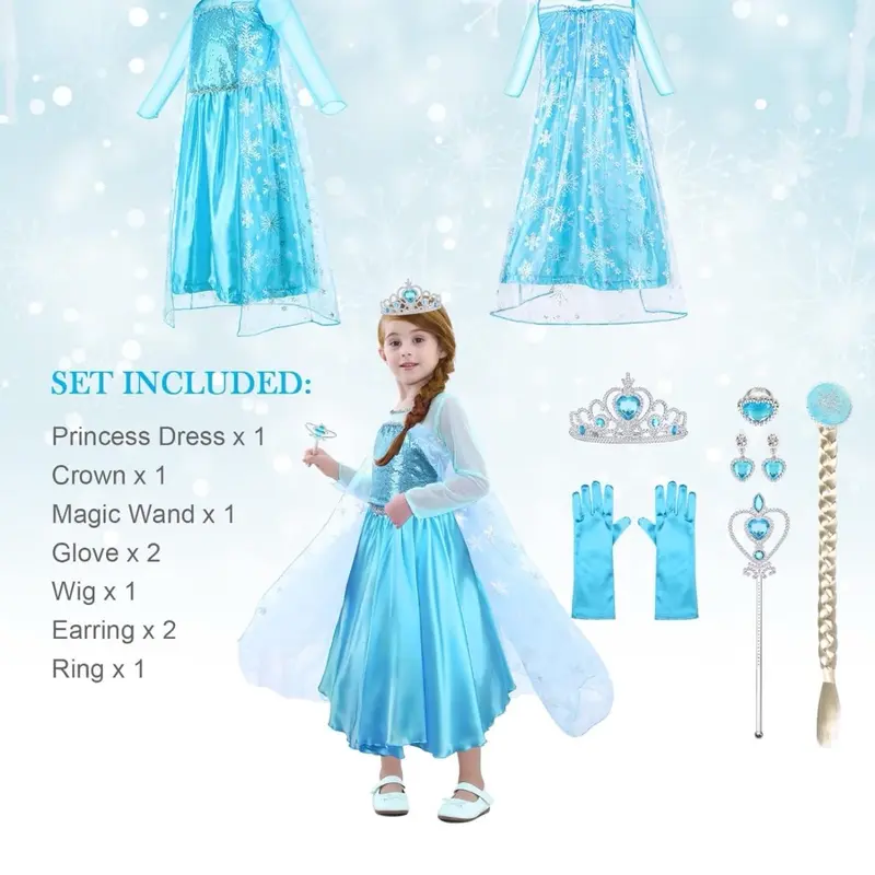 Elsa Costume Princess Dress, Elsa Dress with Wand and Crown Tiara Size 4-5years 3