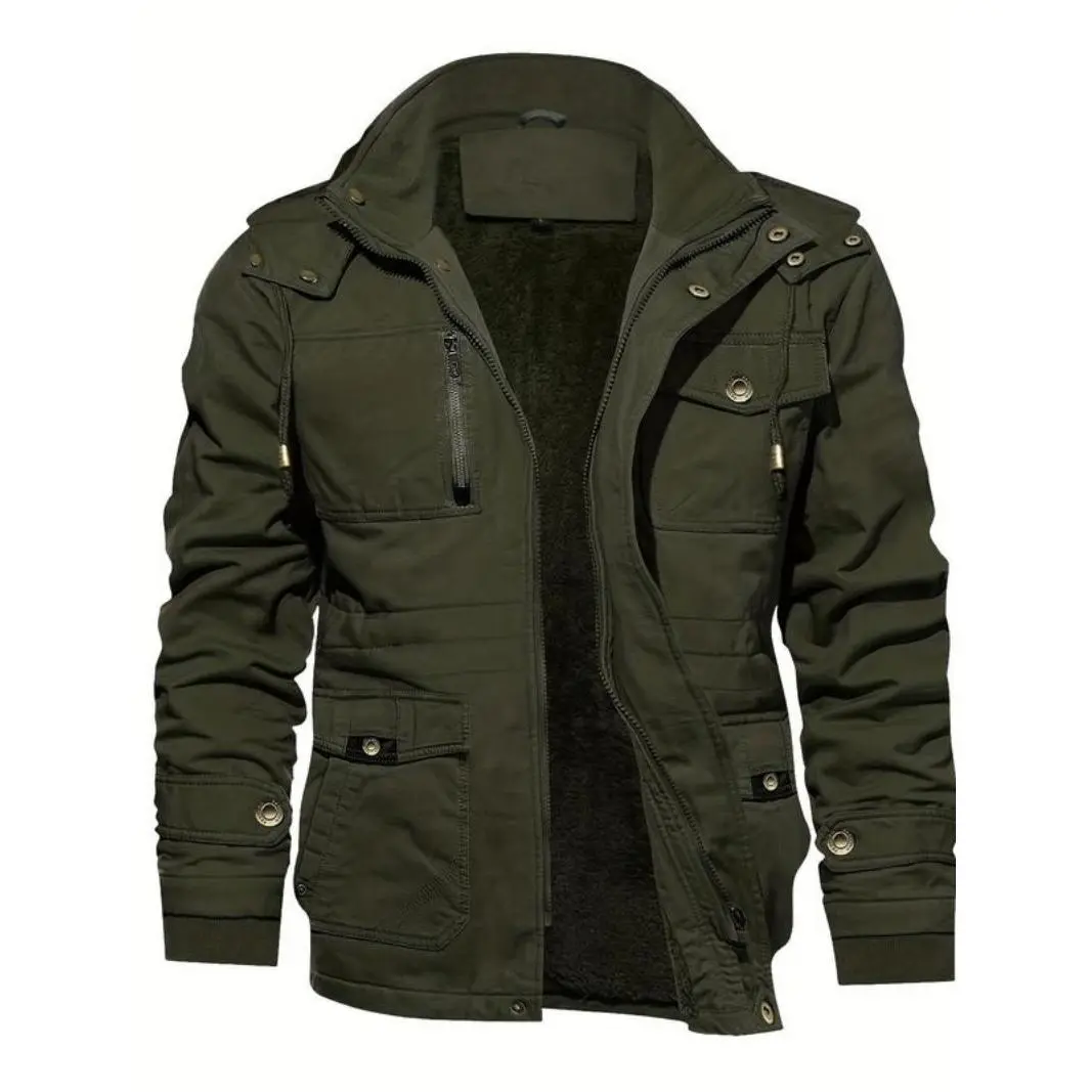 Men's Solid Pocket Zipper Detachable Hood Design Jacket, Regular Fit Casual Long Sleeve Button Hooded Outerwear for Fall & Winter, Men's Clothes for Daily Wear