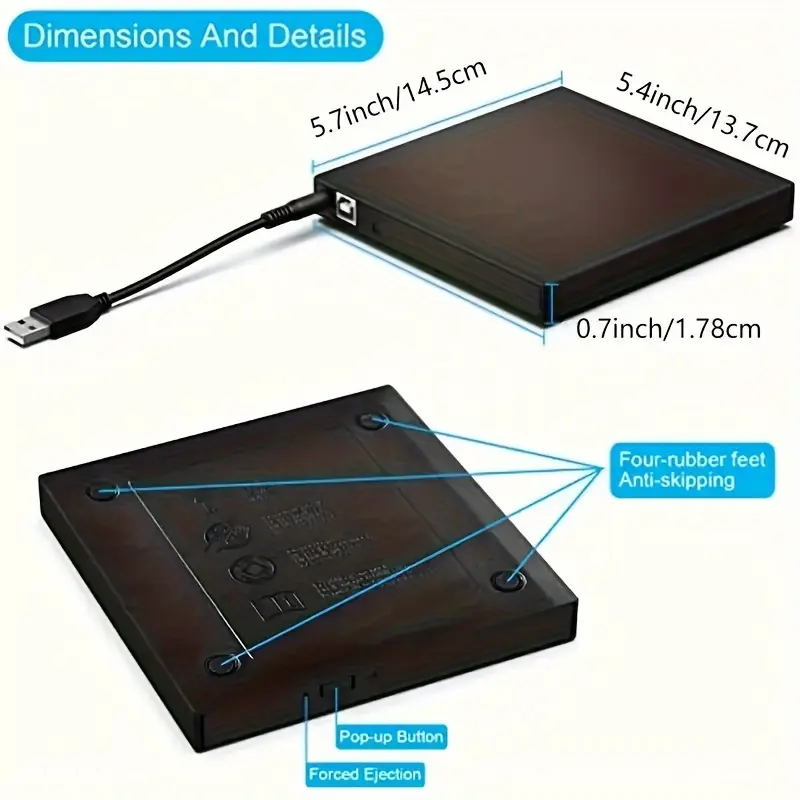 External CD DVD Drive, USB 2.0 Slim Protable External CD-RW Drive DVD-RW Burner Writer Player For Laptop Notebook PC Desktop Computer 4