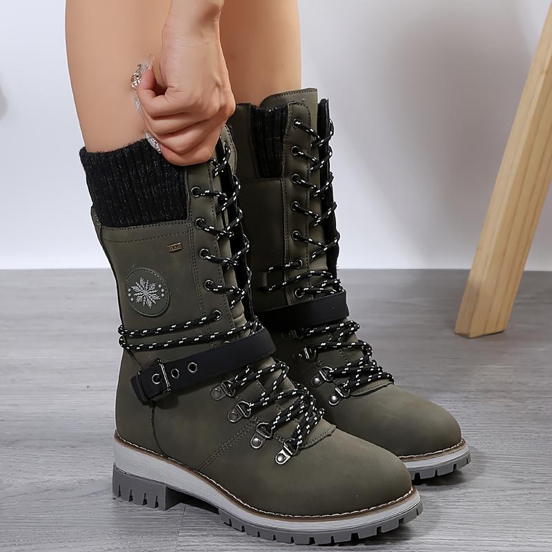 Product Introduction of Stylish Knitted Mid-Calf Boots - Trendy Solid Color Winter Boots with Side Zipper, Buckle Belt, and Non-Slip Sole for Women - Perfect for Cold Weather and Casual Occasions 9
