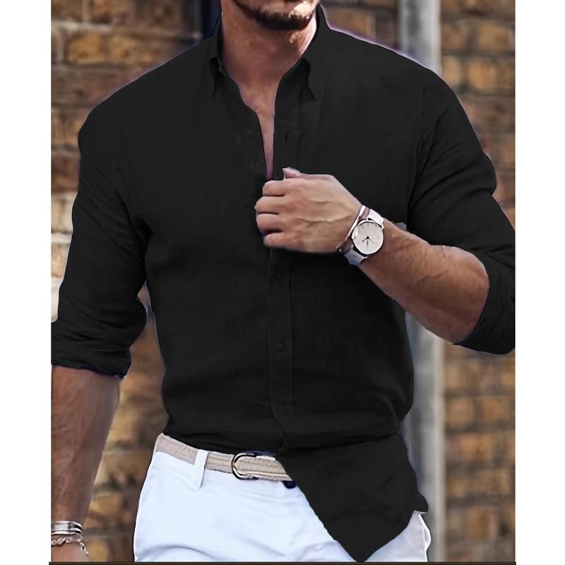 Cotton Linen Long Sleeve Shirt Solid Color Polo Collar Casual Style Shirt 4