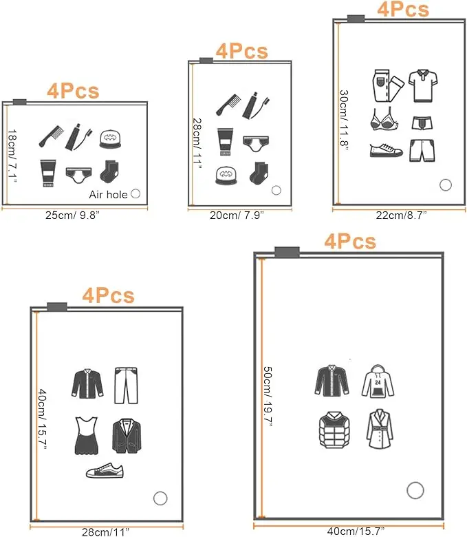 ORACHA 20pcs Zip Lock Bags- Reusable Space Saving Hospital Bag Maternity Essentials- Frosted Waterproof Travel Bags Organiser- Plastic Resealable Clothes Bags with Vents for Shoes, Toiletries- 5 Sizes 1