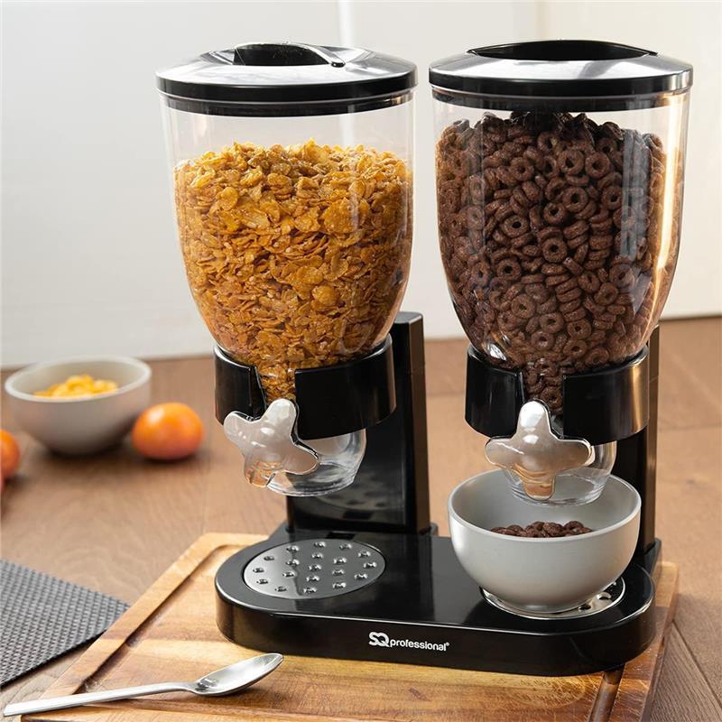 Double Cereal Dispensers -Dry Food Double Canisters With Stand Kitchen Storage Dispenser Transparent Storage Container for Cornflakes, candy, nuts, beans, granola (Black) Coffee Utensils Plastic 6
