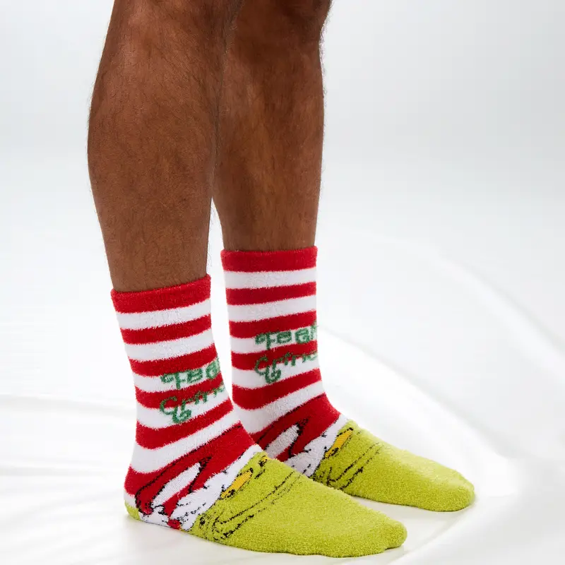 THE GRINCH Mens Christmas Grinch Socks Cosy Fluffy Winter Xmas Bed Socks Non Slip Anti Skid Grippers Green Santa Claus TikTok Shop Grinch Accessories UK 6-11  Underwear Menswear 1