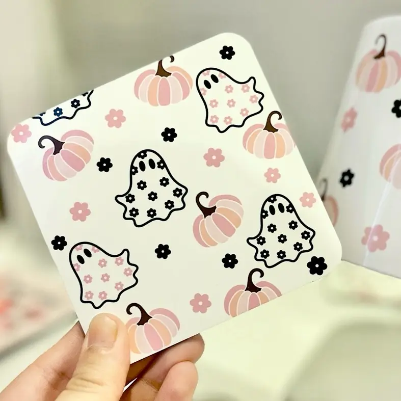Spooky Pink Ghost Cork Back Printed Coaster