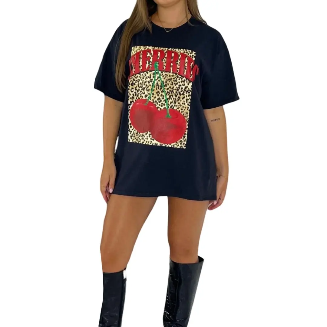 womens ladies cherry tshirt leopard print short sleeve oversized women's shirts trending tops