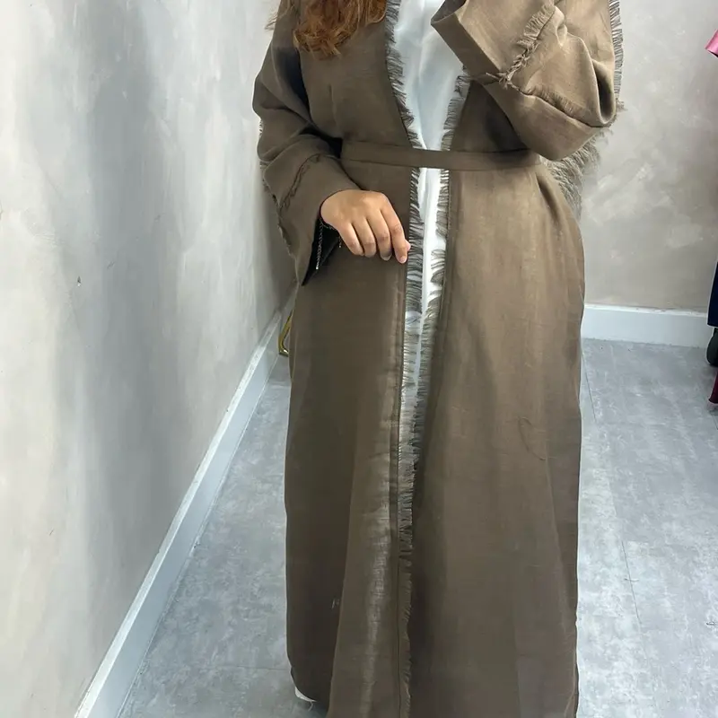 Plain Open Abaya with Hijab (No Slip) - Brown 0