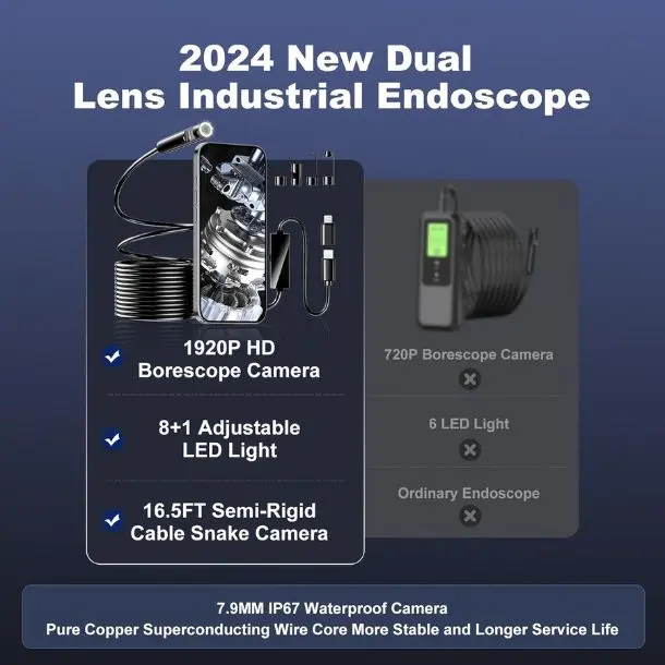 Dual Lens Endoscope Inspection Camera, 1920p Endoscope Camera with 8+1 Adjustable Led Light, Endoscope with 16.5ft Semi-Rigid Cable Snake Camera/ 7.9mm Ip67 Waterproof Camera for iPhone, Ipad, Samsung Smartphone Cellphone 4