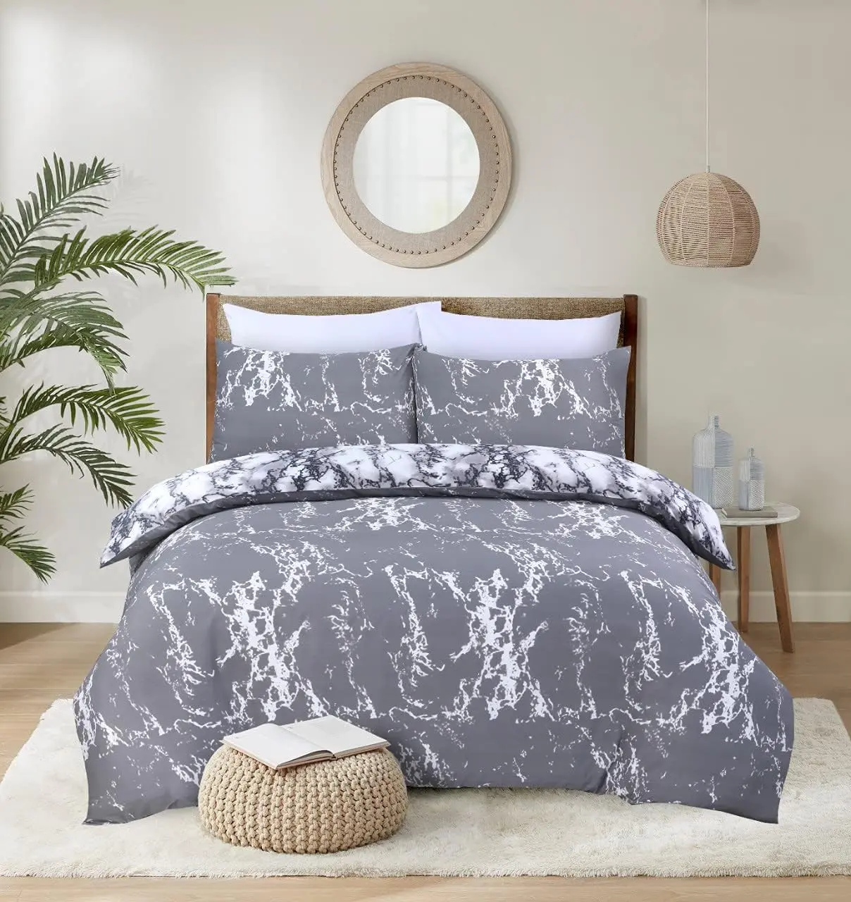 Great Knot Luxury White & Silver Grey Reversible Marble Bedding Set Soft 100% Cotton Duvet Cover Sets Double King Super Sizes duvetcoverset bedding  set bedding  king  size