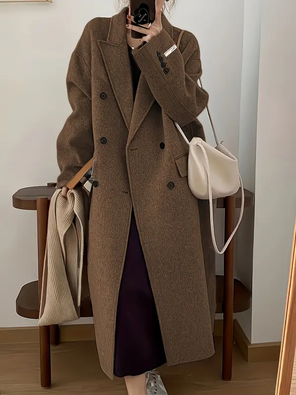 Elegant Double-Breasted Long Sleeve Mid-Length Overcoat - Wool & Blends Outerwear for Fall & Winter - Women's Stylish Lapel Collar Coat for Cold Weather 6