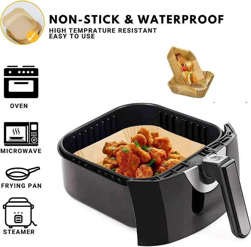 Air Fryer Liners Square 6.3 inch (16 cm) Multipurpose Grease, Water and Oil-Proof Non-Stick Disposable Paper Liners for Air Fryer Microwave Oven Steamer 3