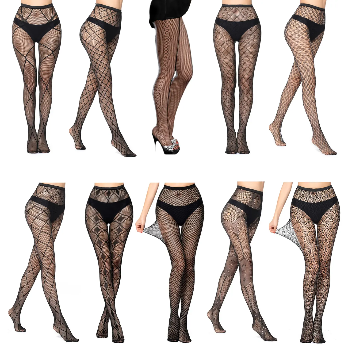 Womens Black Diamond Lace Patterned Fishnet Tights