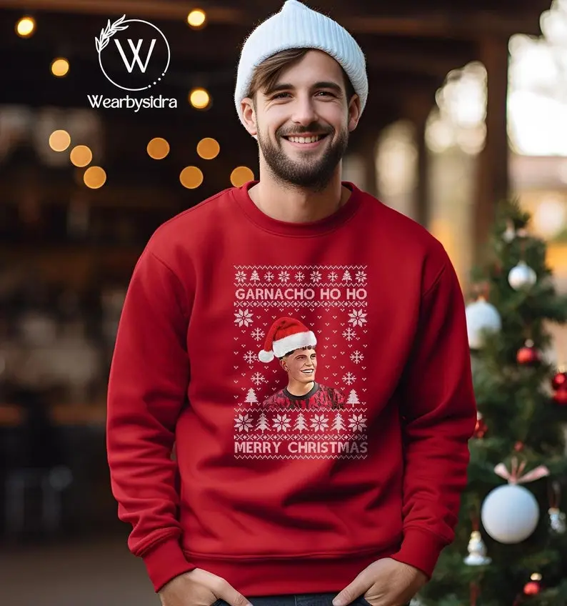 Garnacho Christmas Sweatshirt, Merry Christmas Manchester Garnacho Ugly Sweater, Adult Kids Funny Xmas Printed Jumpers, Football Lover Gifts