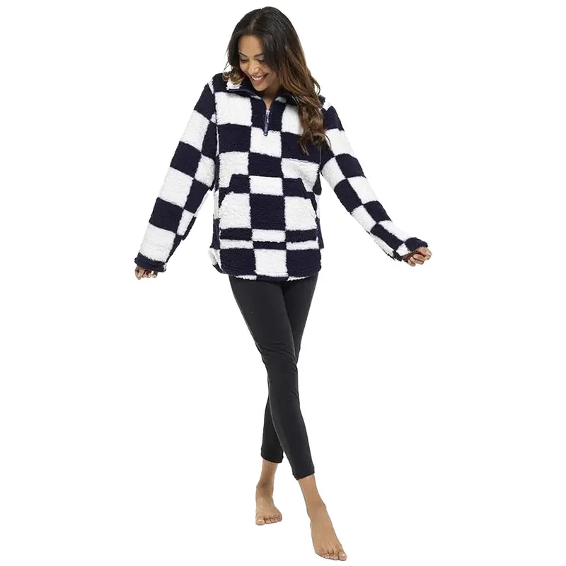 Women's Half-Zip Sherpa Fleece Jumper - Soft & Plush Casual Lounge Sweater, Check Design - Sizes 8-22 5