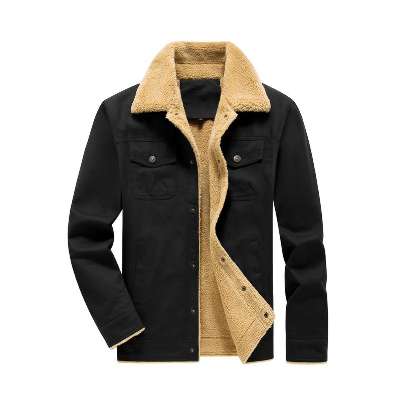 Men's Fashion Trendy Cotton Fleece-Lined Jacket, Casual Workwear Outerwear with Sherpa Collar, Button-Up, Multiple Pockets Menswear Coats Tops Underwear Long Sleeve Beige Human Tights Plain Longsleeves Collared 3
