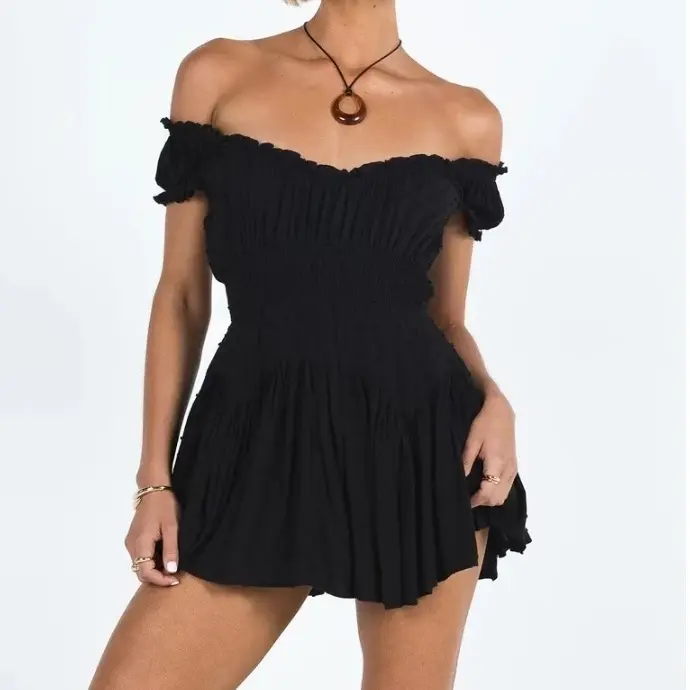 Women Plus Size  Cotton Lightweight Elegant Off The Shoulder Casual Dress Short Sleeve Ruffled Mini Dress Womenswear Basic Casual Wear