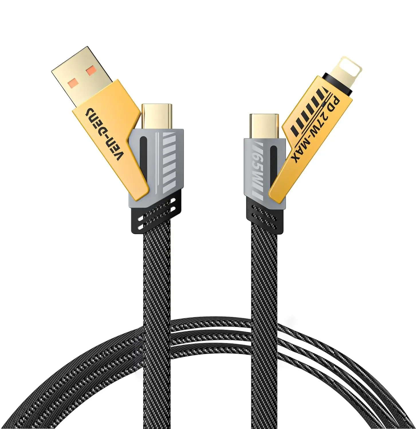 VEN-DENS 4 in 1 Multi Charger Cable | 65W Fast Charging Multi-Port Cable | USB A/C to Lightning & USB C | 120CM Nylon Braided Compatible with iPhone 16/15/14/13/12 Pro Max, MacBook Samsung Galaxy Cellphone Smartphone