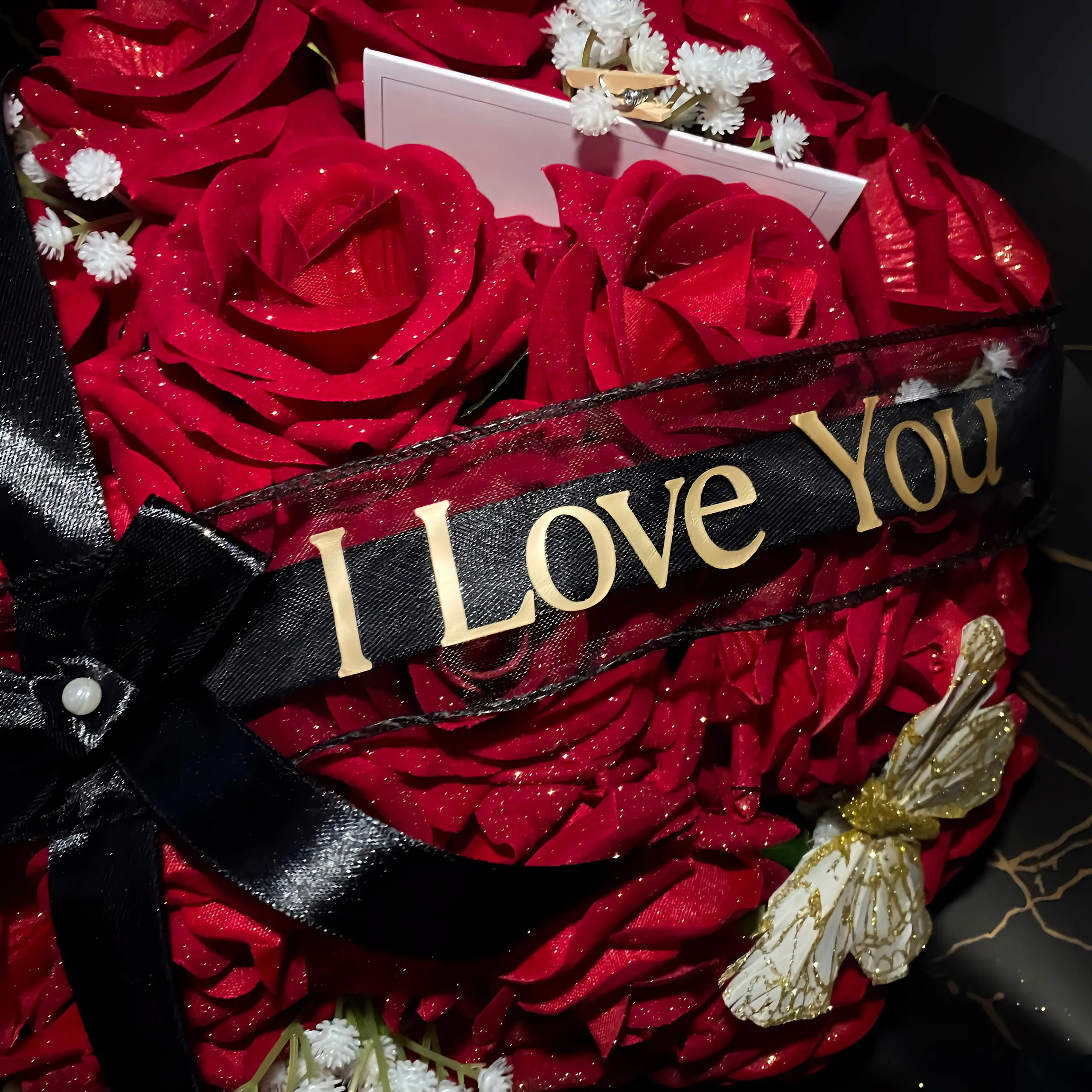 Personalised Red Rose Glitter Bouquet - Inc. Butterfly, Postcard - Artificial Flower Bouquet The Perfect Gift For A Loved One Valentines Day Mothers Day & More roses flowers