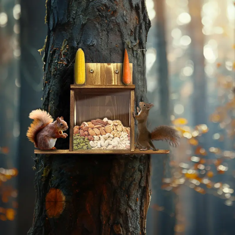Wood Squirrel Feeder Box for Backyard Garden, Durable Wall Hanging House, Carbonized Wood, Chinchilla Feeder Box 5