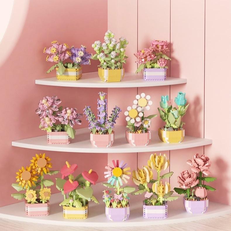 Plant building toys 1 set random plant building toys, flower building bricks,creative flower pot design desktop brick 4