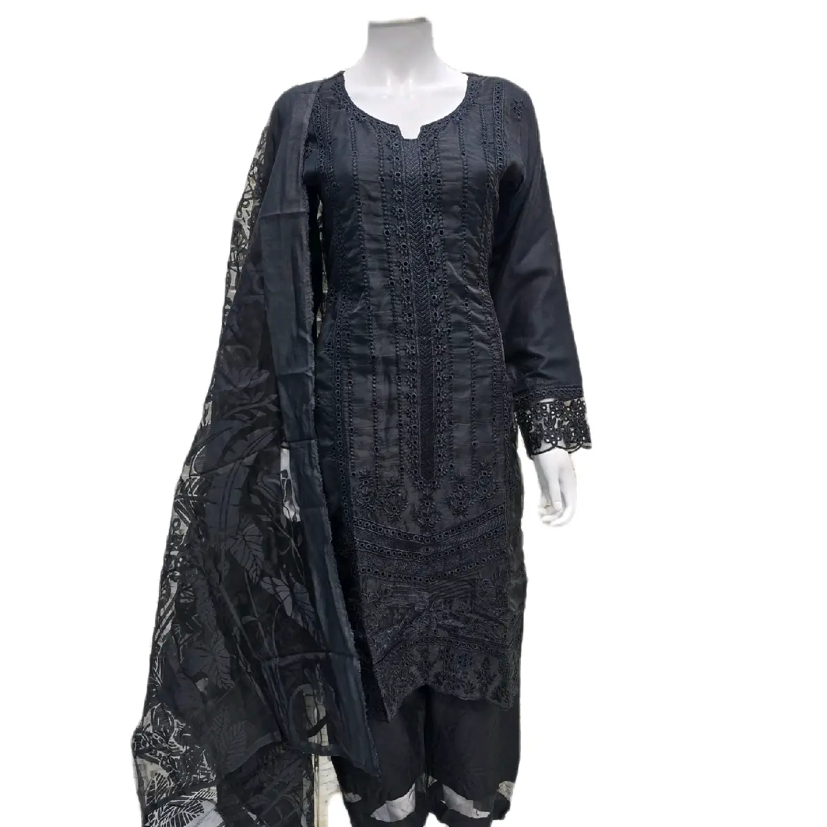 Ladies  organza  Black Embroidered 3 Piece Suit Set for Comfort - Womenswear Long Sleeve size chest inches S36 M38 L41 Xl 43