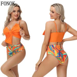 FONOK  2025 New Summer women's swimsuit set big bow bikini print swimsuit family adult children split swimsuit suspender swimsuit