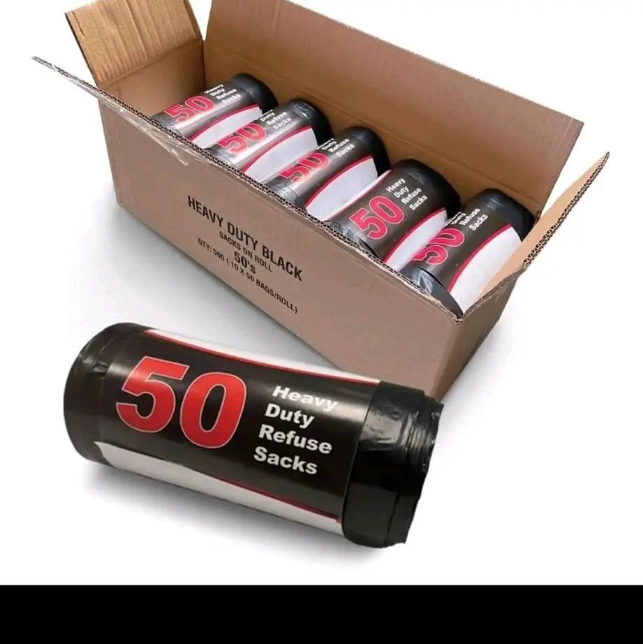 50 Heavy Duty (one roll) Black Refuse Sacks - Strong and Durable Bin Liners for Household Waste Disposal - Plastic, Room, Kitchen.