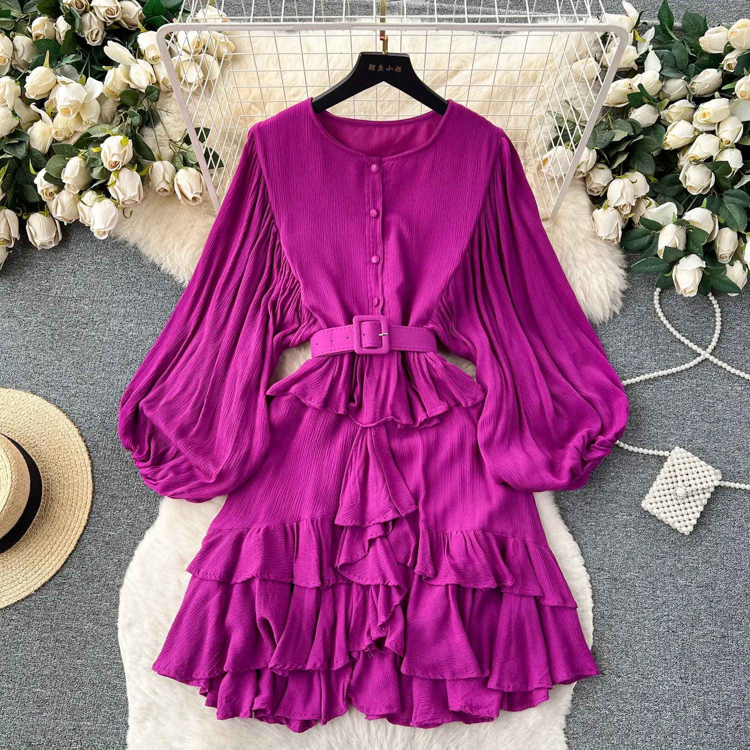 Vintage Puffed Sleeve Dress for Women With Ruffled Dress
