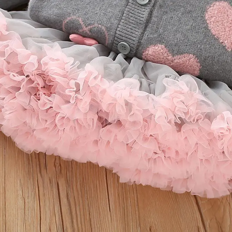 Spring Autumn Girls Clothing Set 2-6 Y Pink Heart Sweaters And Tulle Skirt 2Pcs Children's Knitwear Suit Kid's Outwear 2