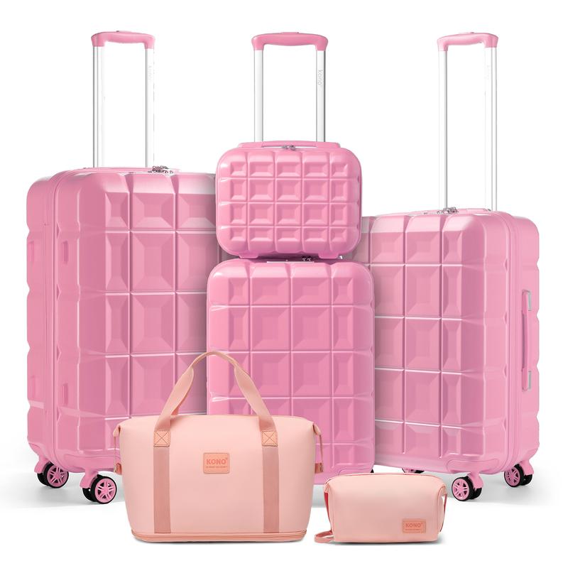 [MissLulu Bags] Waffle Design Lightweight Hard Shell ABS 20''/24''/28'' Suitcase with TSA Lock and 13'' Vanity Case - Pink 0