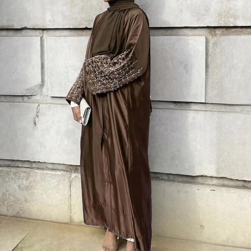 Product Introduction of HS1024 1pcs Satin Cardigan Handmade Beaded Dress Abaya 3