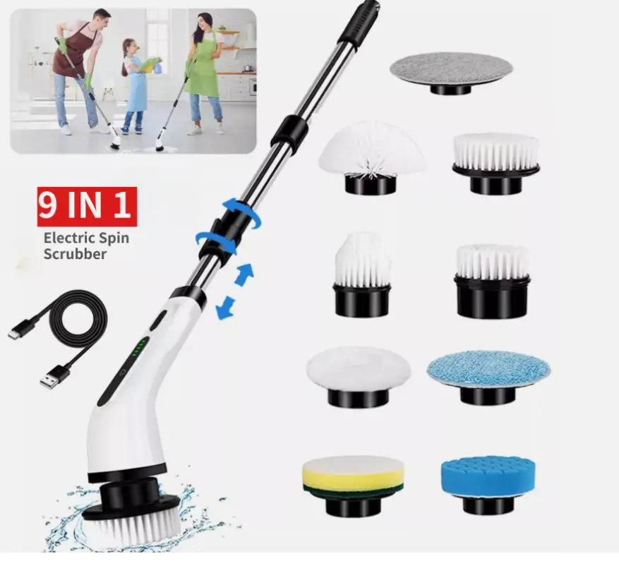 9 IN 1 Electric Spin Scrubber Cordless Cleaning Brush Bathroom Rotating Scrubber