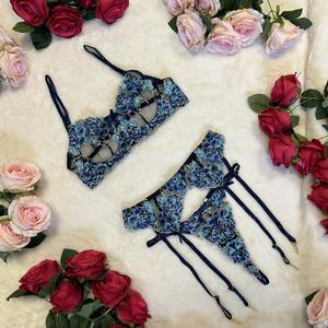 Liliosa Lingerie Madi Floral Embroidery High Quality Mesh Sheer Blue 3 Piece Set- (Bra adjustable - garter adjustable + Pants  adjustable) Comfortable Everyday Underwear Womenswear, Multicolor Cute Lingerie Style, Adjustable Soft Pants, Soft Fabric