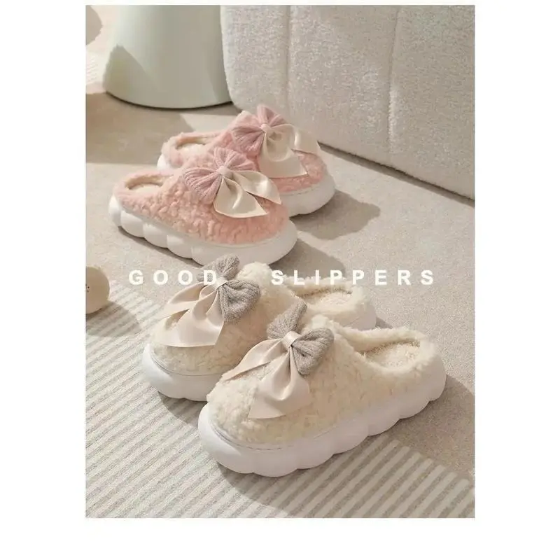 New Bow Cotton Slippers Women's Indoor Home Use Warm Thick Bottom Anti-slip Postpartum Slippers Women's Sweet Style 8