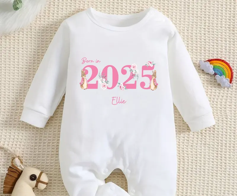 Personalised Peter Rabbit Born in 2025 Baby Outfit, Coming Home - New baby arrival Vest, Rompersuit 3