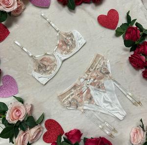 Liliosa Lingerie Gorgeous High Quality Satin Lace 3 Piece Pearl Ivory Lingerie with Comfort Satin Bra and Gold Floral Embroidery Satin & Lace Set - (Clasp Bra + Clasp Garter +Thong Panties + Thigh Straps) Elegant Soft Everyday Womenswear, Luxurious Fabric