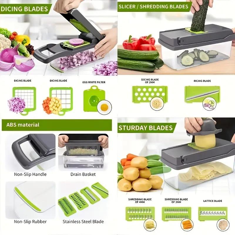 [UK Seller]Vegetable Chopper,16 in 1 Multifunctional Food Chopper With Vegetable Peeler, Kitchen Vegetable Slicer Dicer Cutter with Container, Chopper for Onion Carrot Cucumber(Grey) Basket Utensils Blade Peeling 2