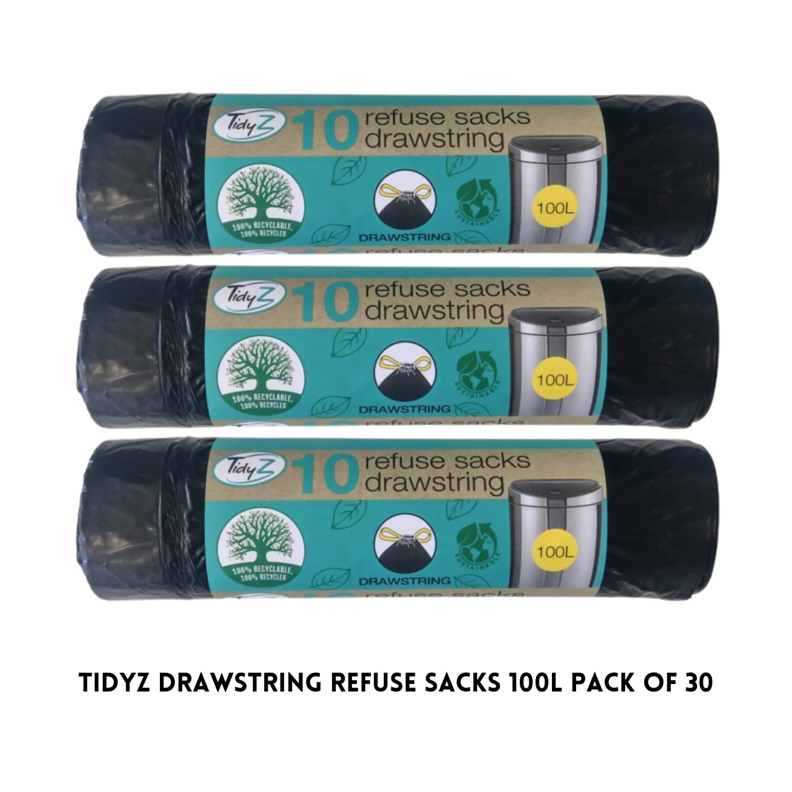 Tidyz Super Strong Drawstring Refuse Sacks Black Bin Liners 100L-30 Bin Liners