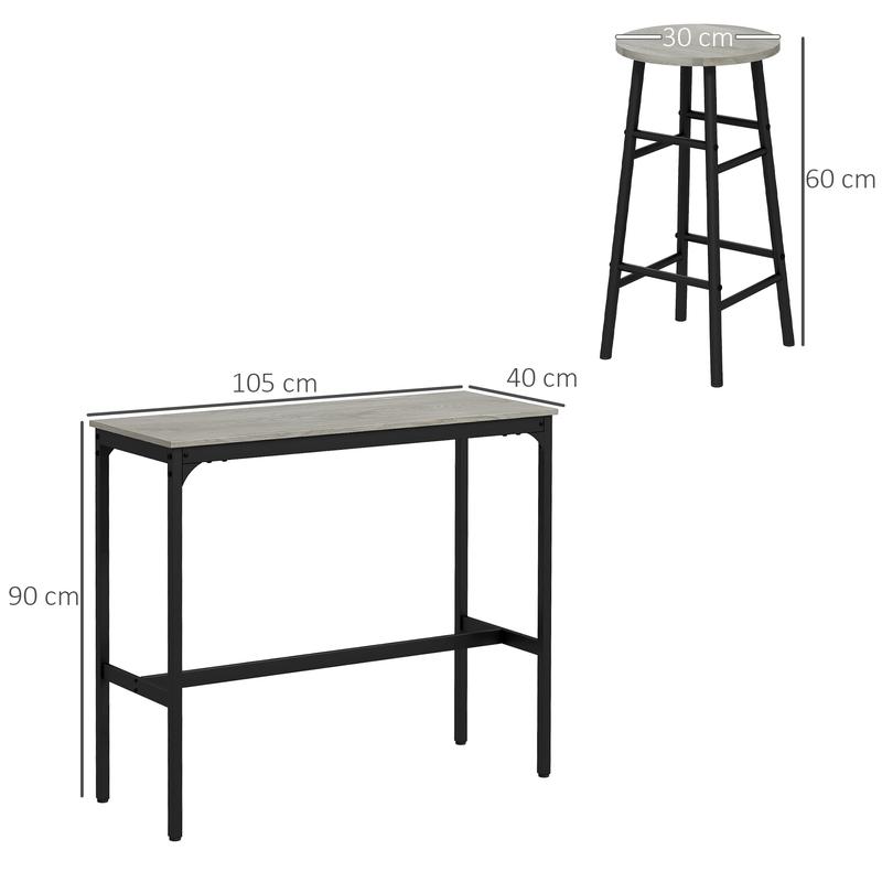 HOMCOM 3 Piece Bar Table Set with 2 Stools, Industrial Bar Table and Stool Set, Dining Table and Chair Set for Small Space, Grey 2