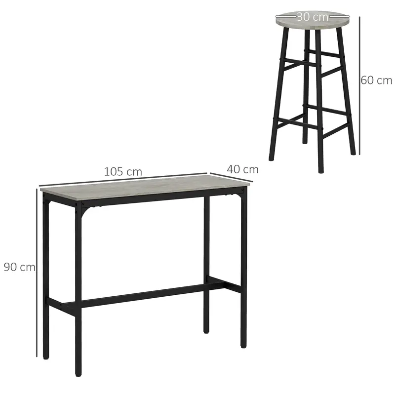 HOMCOM 3 Piece Bar Table Set with 2 Stools, Industrial Bar Table and Stool Set, Dining Table and Chair Set for Small Space, Grey 2