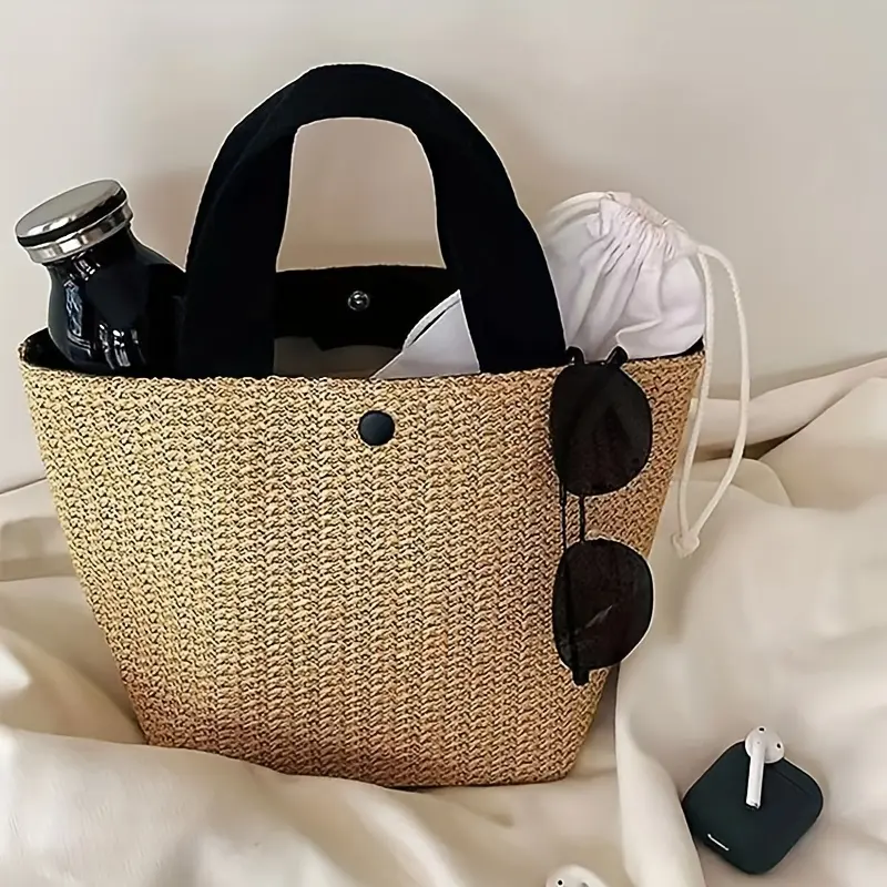 Large Capacity Bohemian Woven Tote Bag for Women - Lightweight Straw Beach & Picnic Handbag with Magnetic Closure, Perfect for Summer, Camping, and Casual Outings - Available in Khaki,, Black, Casual Commuting Bag | Bohemian Style Bag |  Beach Bag 4