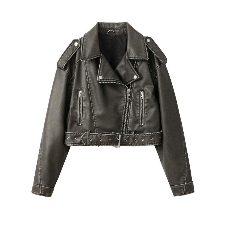 Product Introduction of NEW New Coal graysty le Women's washed leather jacket with belt, short coat with downgraded zipper and vintage lapel jacket HOT 9