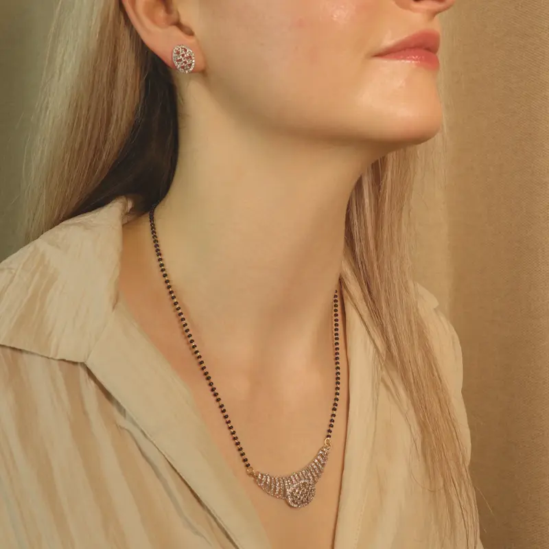Indian Nazaria Silver Zircon Dangle Mangalsutra Black Beads Earring and Pendant Necklace 2