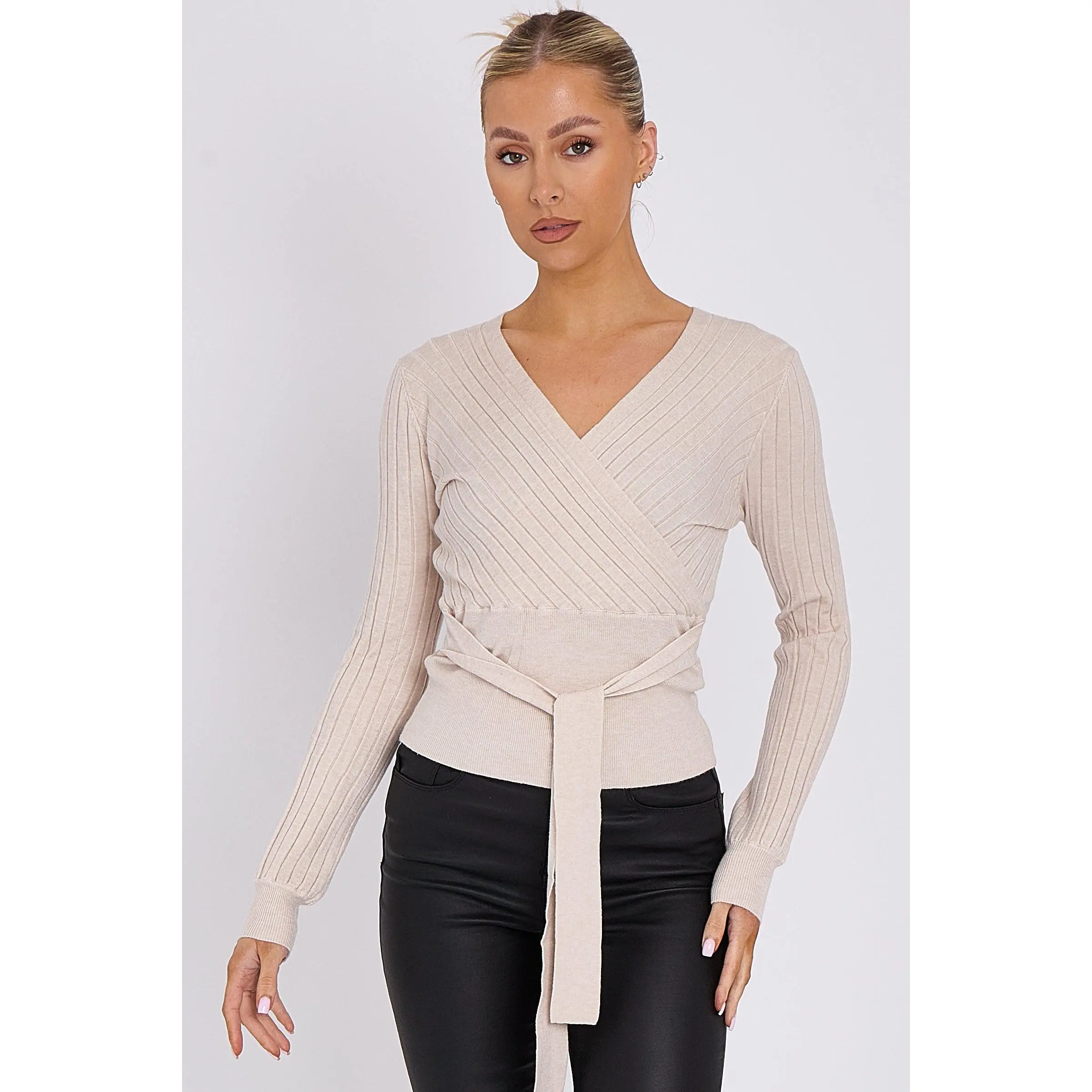 Beige Rib Knit Wrap Jumper with Tie Belt