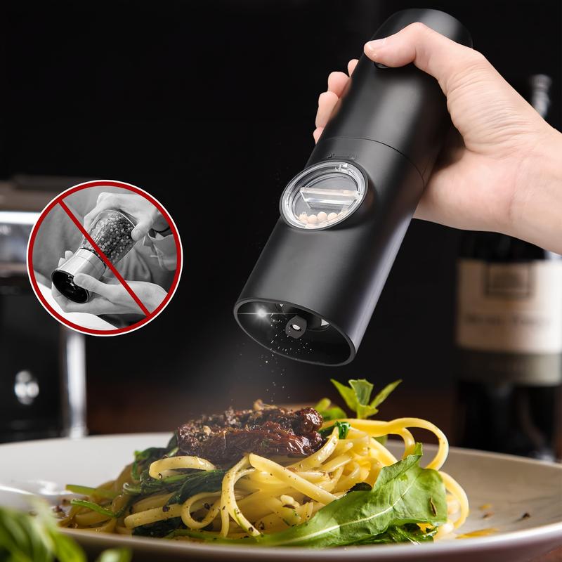 Rechargeable Electric Pepper and Salt Grinder Set, Automatic Pepper Grinder, with Charging Base, USB Cable, LED Light, Adjustable Coarseness, Single-Handed Automatic Operation, Black 2pcs 7