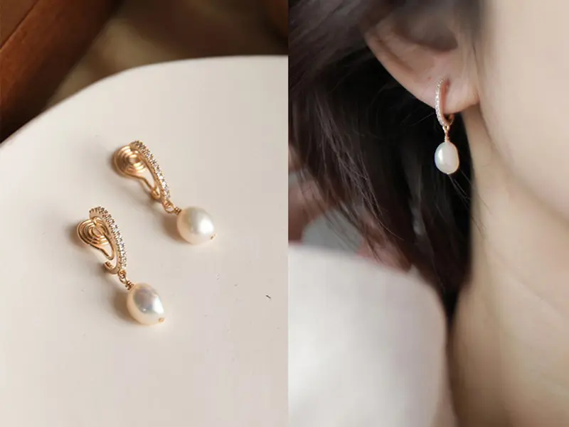 Baroque Pearl Clip on Earrings, Pearl&CZ Dangle Clip on Earrings, Bridal Clip on, Drop Clip on Earrings, Wedding Earrings, Invisible Clip on 0