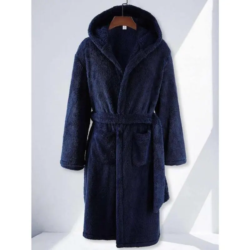 Men's Loose Solid Drop Shoulder Dual Pocket Belted PJ Hooded Bathrobe, Casual Comfy Fuzzy Thermal Robe For Men Daily Home Wear, Men's Sleepwear For Fall & Winter, Trendy Soft Comfy Menswear