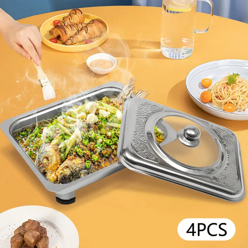 4X Buffet Tray Chafing Dish Food Warmer Rectangular Food Plate Stainless Steel, Ideal For Parties, Events, Buffets, Picnics, Weddings, Banquets, And Other Professional Catering Services Or Home Use 2