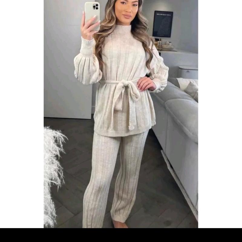 Women's High Neck Knitted 2PC Loungewear Set with Balloon Sleeves and Belt - Nightwear, Womenswear 2