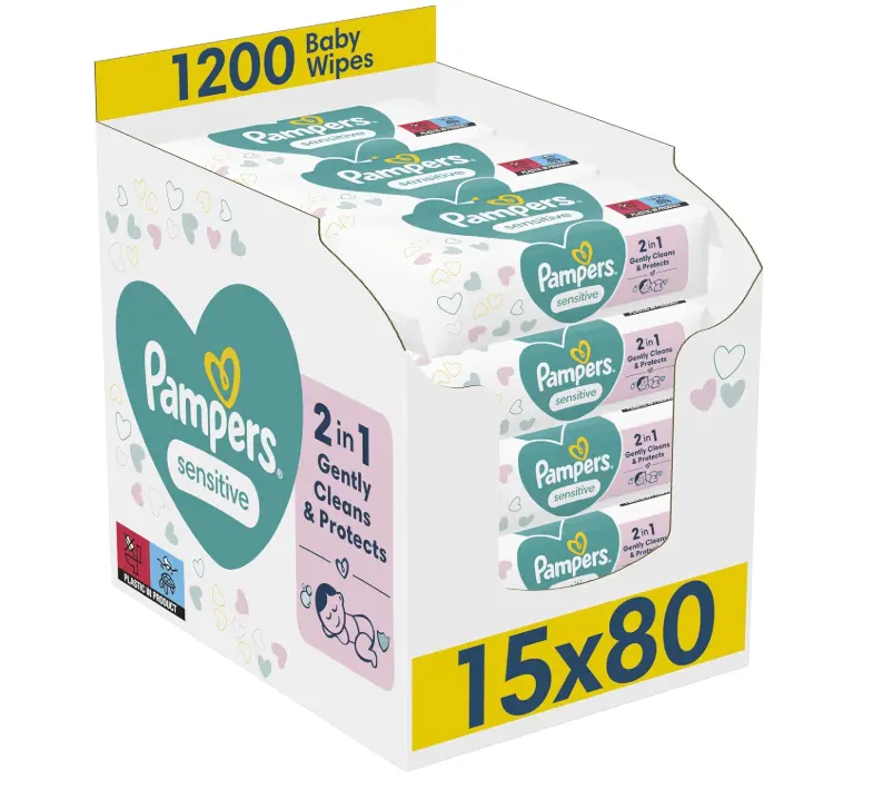 Sensitive Baby Wipes 15 Packs of 80 = 1200 Baby Wet Wipes, Unscented, For a Soft And Gentle Clean